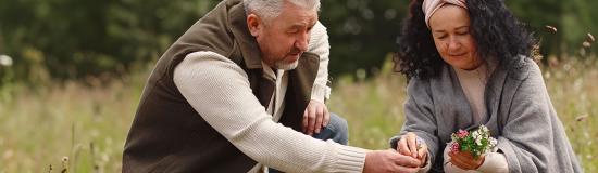 Un homme et une femme ramassent des fleurs dans un pré