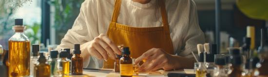 Une femme fait une composition avec des huiles essentielles